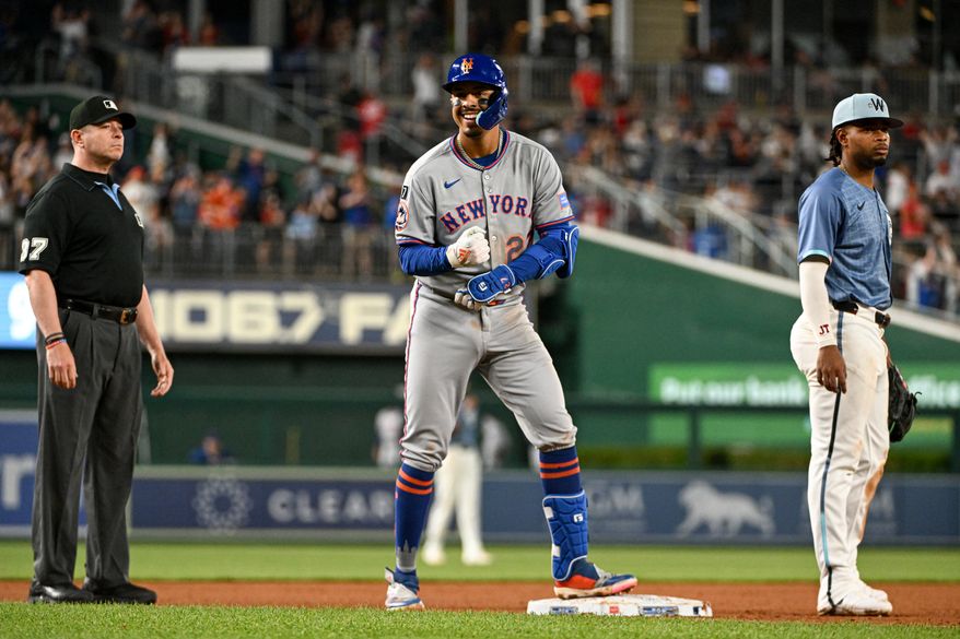 New York Mets third baseman Mark Vientos (27) standing on third after hitting a three-run triple during the eighth inning of an MLB game against the Washington Nationals at Nationals Park in Washington D.C., April 25, 2025. (Photo by All-Pro Reels for Washington Times Sports)