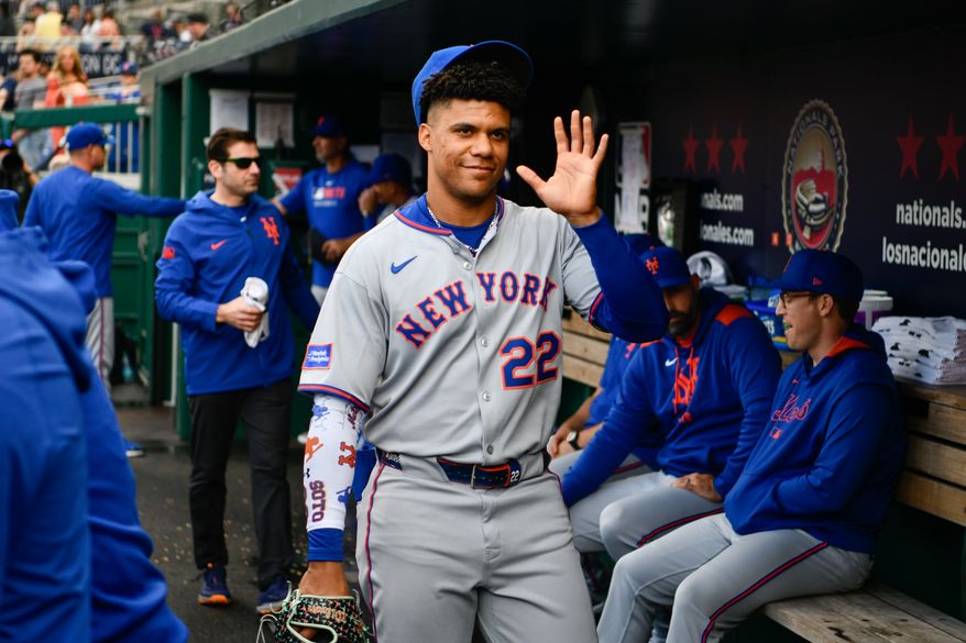 New York Mets right fielder Juan Soto (22) in the dugout before the start of an MLB game against the Washington Nationals at Nationals Park in Washington D.C., April 26, 2025. (Photo by All-Pro Reels for Washington Times Sports)