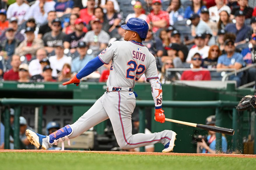 New York Mets right fielder Juan Soto (22) taking a swing during the first inning of an MLB game against the Washington Nationals at Nationals Park in Washington D.C., April 26, 2025. (Photo by All-Pro Reels for Washington Times Sports)
