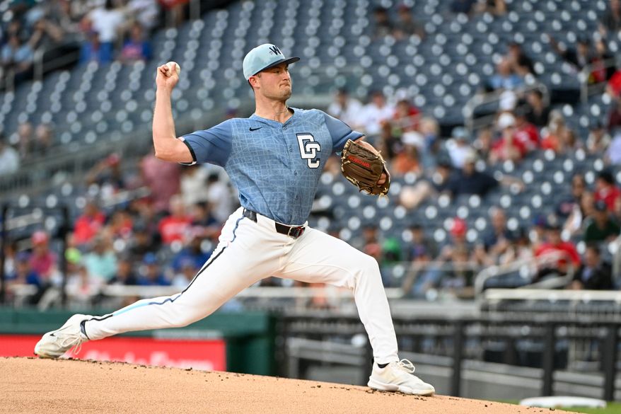 Washington Nationals relief pitcher Brad Lord (61) throwing a pitch during the first inning of an MLB game against the New York Mets at Nationals Park in Washington D.C., April 26, 2025. (Photo by All-Pro Reels for Washington Times Sports)