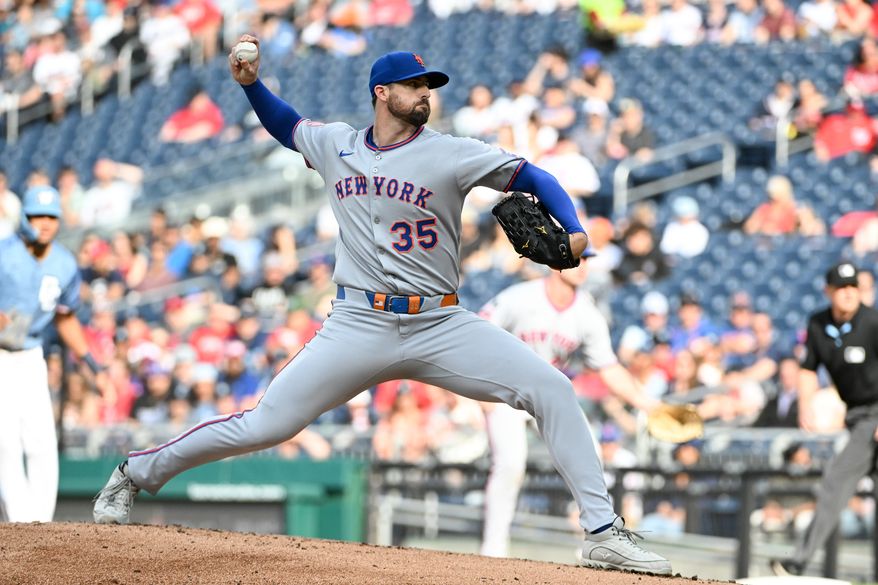 New York Mets starting pitcher Clay Holmes (35) throwing a pitch during the first inning of an MLB game against the Washington Nationals at Nationals Park in Washington D.C., April 26, 2025. (Photo by All-Pro Reels for Washington Times Sports)