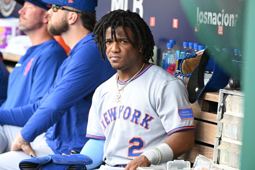 New York Mets second baseman Luisangel Acuna (2) on the bench during the second inning of an MLB game against the Washington Nationals at Nationals Park in Washington D.C., April 26, 2025. (Photo by All-Pro Reels for Washington Times Sports)