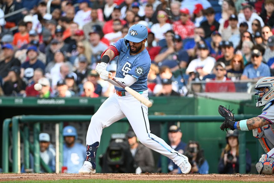 Washington Nationals second baseman Luis Garcia (2) hitting a single during the second inning of an MLB game against the New York Mets at Nationals Park in Washington D.C., April 26, 2025. (Photo by All-Pro Reels for Washington Times Sports)
