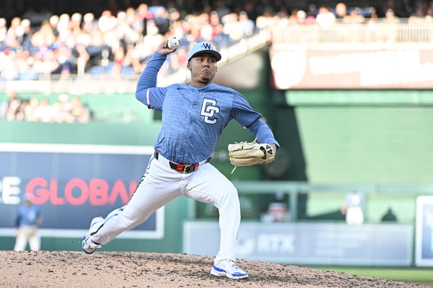 Washington Nationals relief pitcher Eduardo Salazar (62) throwing a pitch during the sixth inning of an MLB game against the New York Mets at Nationals Park in Washington D.C., April 26, 2025. (Photo by All-Pro Reels for Washington Times Sports)