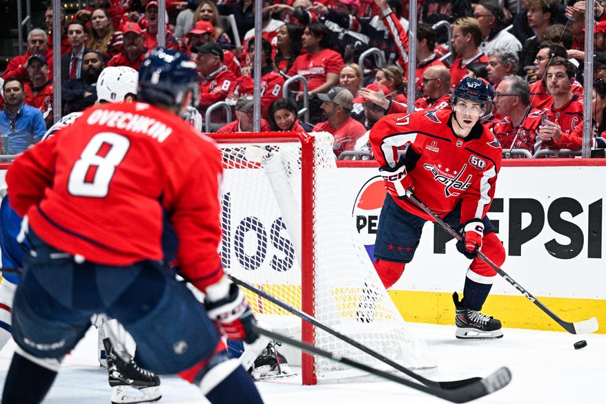 Washington Capitals center Dylan Strome (17) searches for a passing option from behind the net during the second period against the Montreal Canadiens at Capital One Arena, Washington, D.C., April 21, 2025. (Photo by Brian Murphy for the Washington Times)