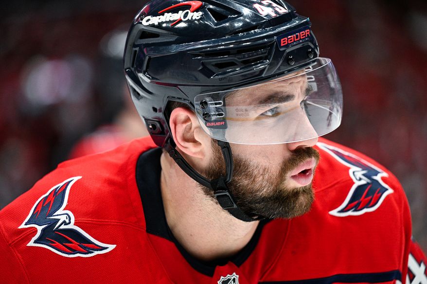 Washington Capitals right wing Tom Wilson (43) catches his breath during a stoppage in play against the Montreal Canadiens at Capital One Arena, Washington, D.C., April 21, 2025. (Photo by Brian Murphy for the Washington Times)