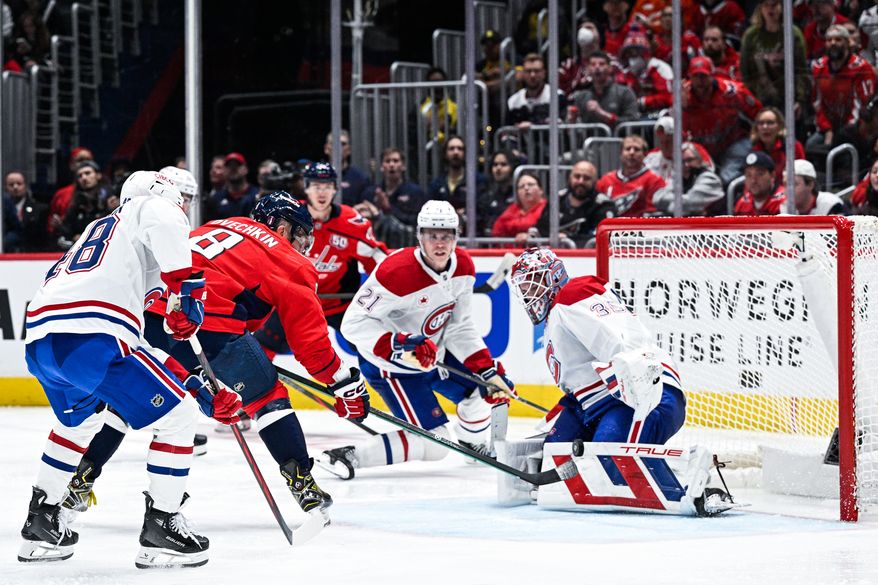 Washington Capitals left wing Alex Ovechkin (8) scores the first overtime game-winning goal of his distinguished career against the Montreal Canadiens at Capital One Arena, Washington, D.C., April 21, 2025. (Photo by Brian Murphy for the Washington Times)