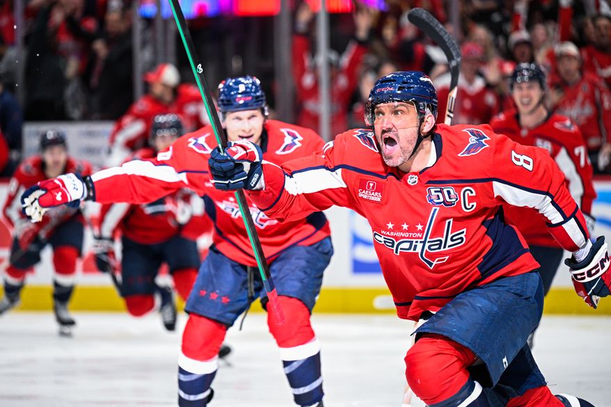 Washington Capitals left wing Alex Ovechkin (8) celebrates the first overtime game-winning goal of his distinguished career against the Montreal Canadiens at Capital One Arena, Washington, D.C., April 21, 2025. (Photo by Brian Murphy for the Washington Times)