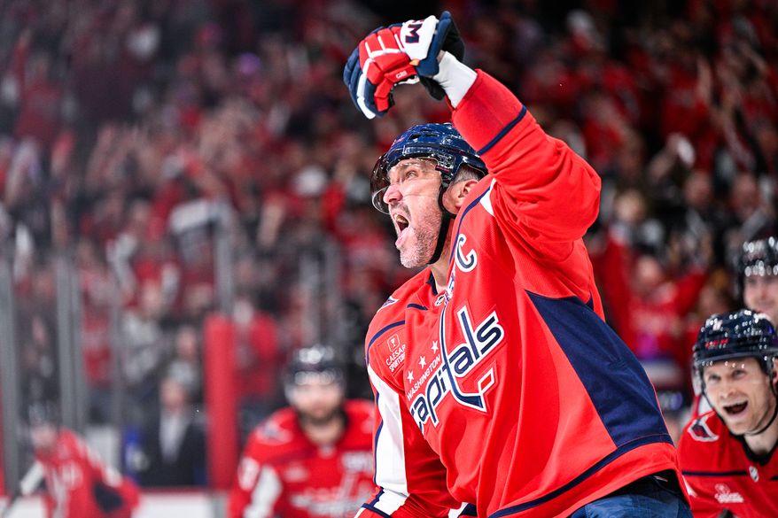 Washington Capitals left wing Alex Ovechkin (8) celebrates the first overtime game-winning goal of his distinguished career against the Montreal Canadiens at Capital One Arena, Washington, D.C., April 21, 2025. (Photo by Brian Murphy for the Washington Times)