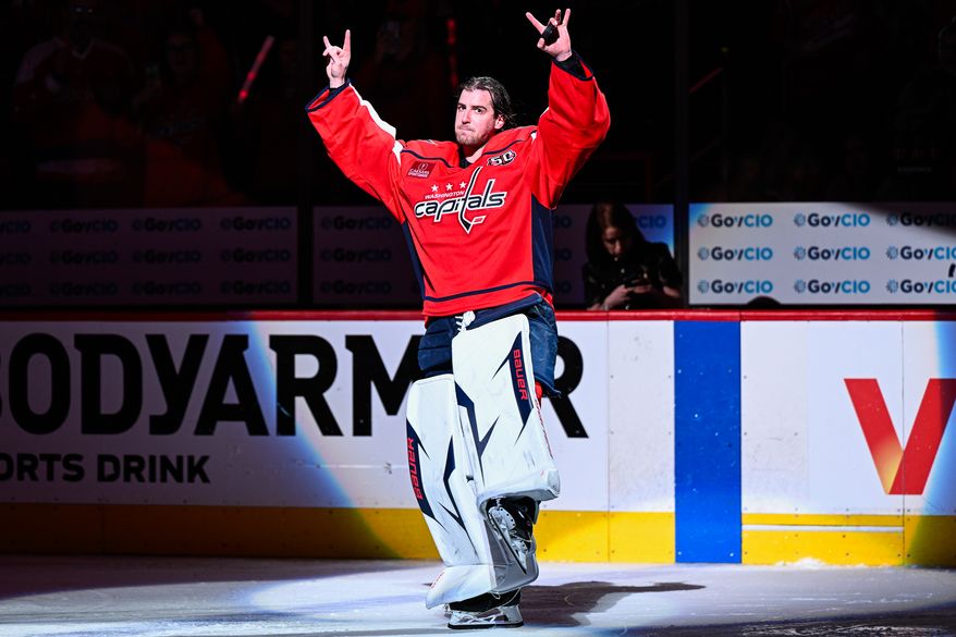Washington Capitals goalie Logan Thompson (48) earned the second star of the game after making 33 saves in the 3-2 overtime victory over the Montreal Canadiens at Capital One Arena, Washington, D.C., April 21, 2025. (Photo by Brian Murphy for the Washington Times)