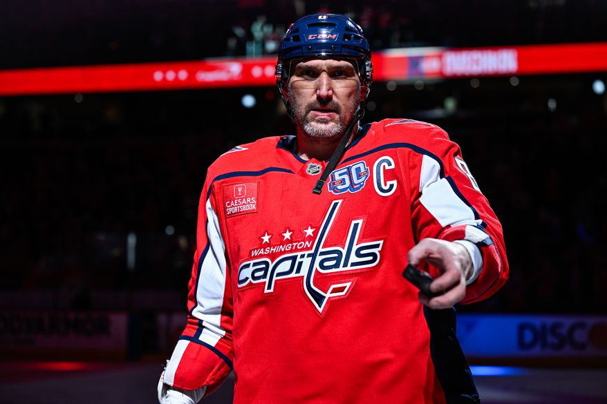 Washington Capitals left wing Alex Ovechkin (8) earned the first star of the game with two goals and one assist in the 3-2 overtime win over the Montreal Canadiens at Capital One Arena, Washington, D.C., April 21, 2025. (Photo by Brian Murphy for the Washington Times)