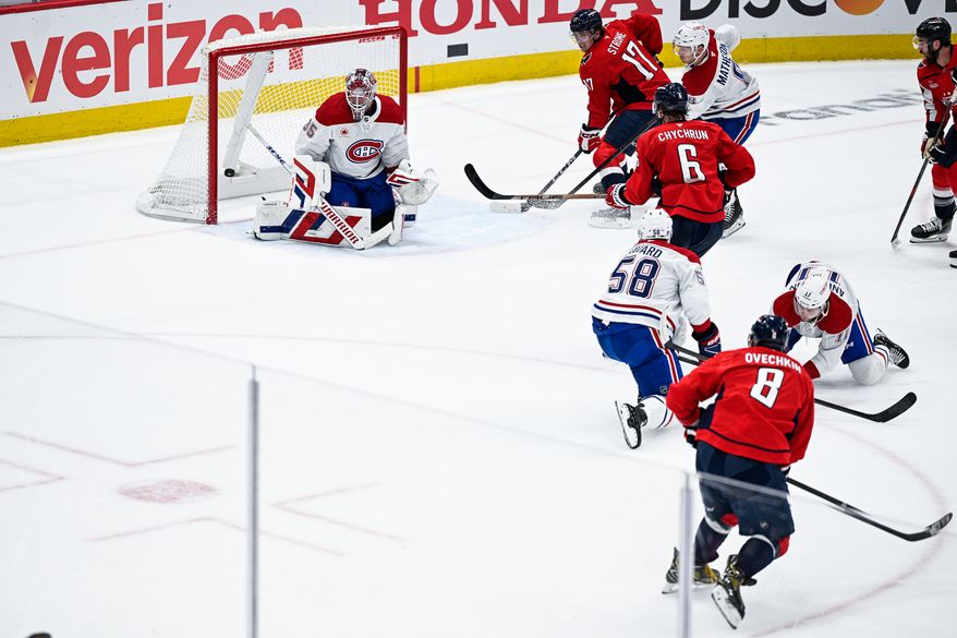 Washington Capitals left wing Alex Ovechkin (8) scores a first period power-play goal against the Montreal Canadiens at Capital One Arena, Washington, D.C., April 21, 2025. (Photo by Brian Murphy for the Washington Times)