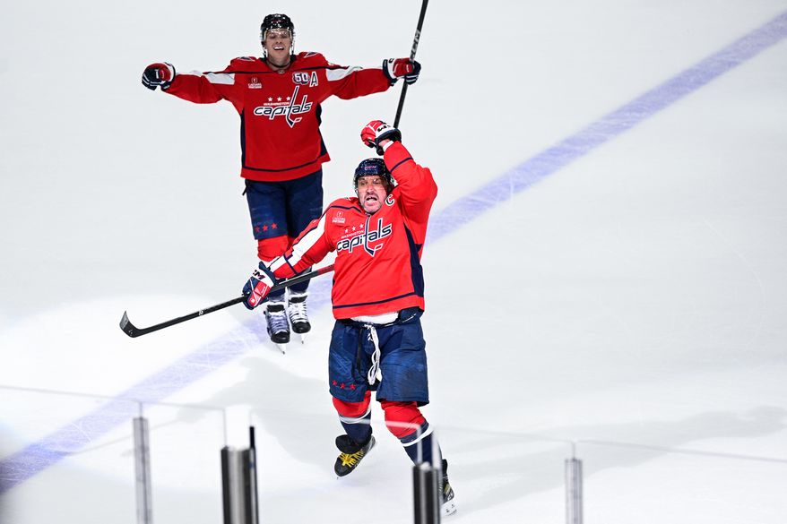 Washington Capitals left wing Alex Ovechkin (8) celebrates his first period power-play goal against the Montreal Canadiens at Capital One Arena, Washington, D.C., April 21, 2025. (Photo by Brian Murphy for the Washington Times)