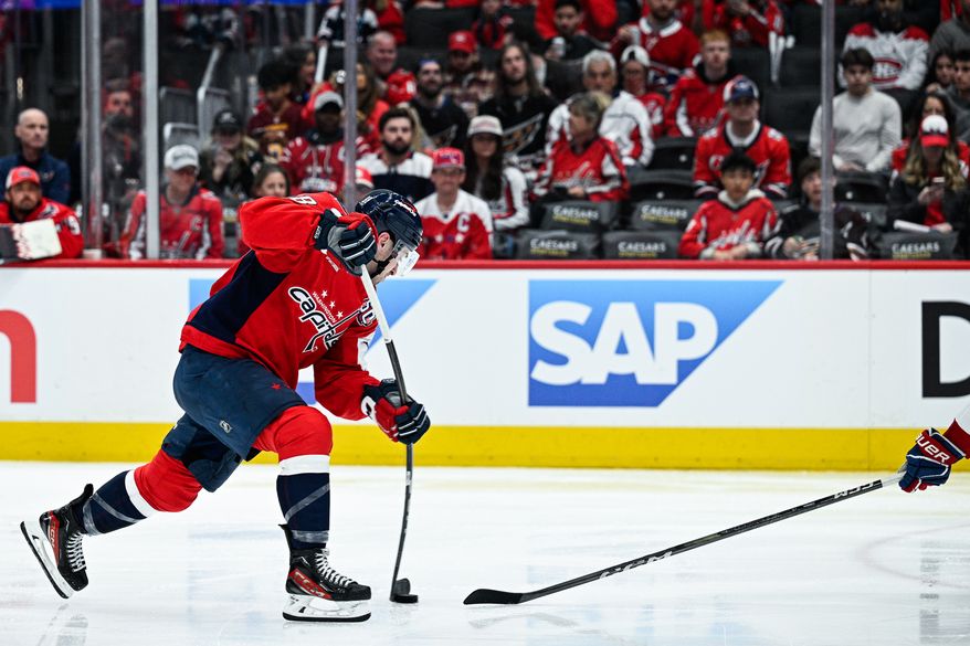 Washington Capitals right wing Andrew Mangiapane (88) fires a wrist shot during the second period against the Montreal Canadiens at Capital One Arena, Washington, D.C., April 21, 2025. (Photo by Brian Murphy for the Washington Times)