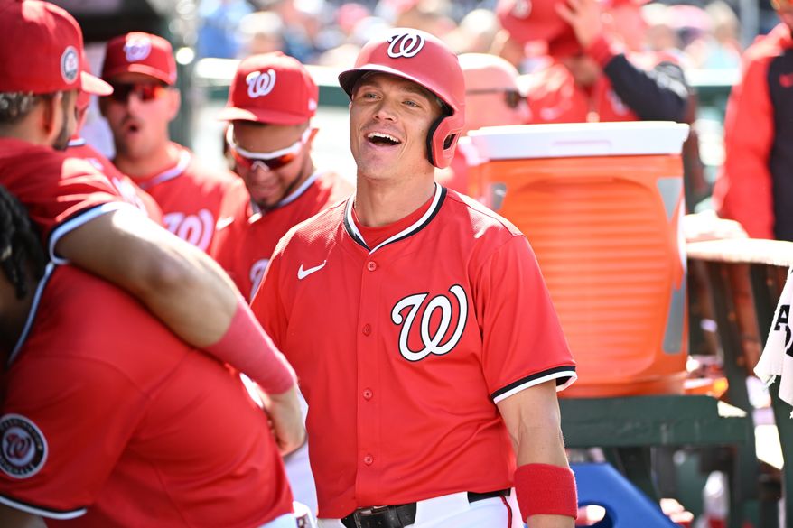 Washington Nationals left fielder Alex Call (17) in the dugout after scoring on Riley Adams’ home fun during the seventh inning of an MLB game against the New York Mets at Nationals Park in Washington D.C., April 27, 2025. Call hit a single to get on base. (Photo by All-Pro Reels for Washington Times Sports)