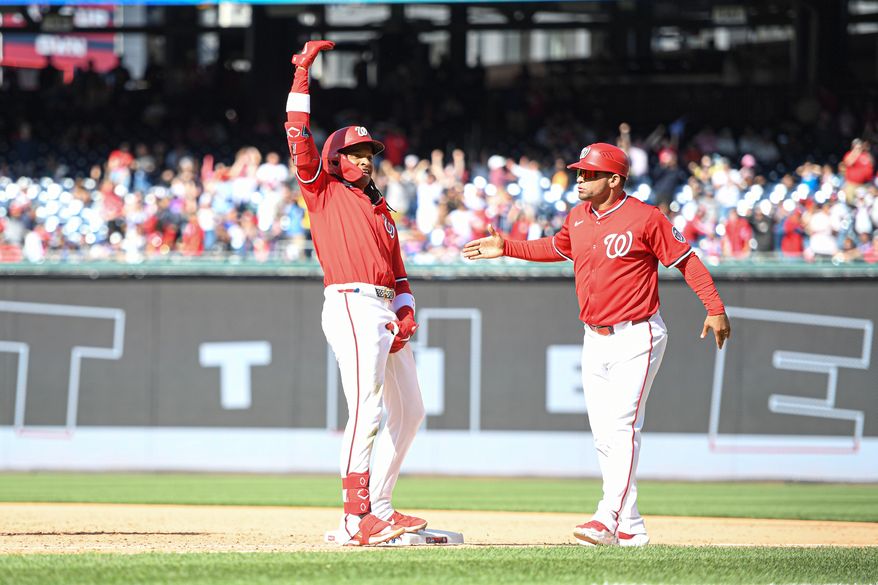 Washington Nationals shortstop C.J. Abrams (5) standing on first after hitting a game-tying single during the ninth inning of an MLB game against the New York Mets at Nationals Park in Washington D.C., April 27, 2025. (Photo by All-Pro Reels for Washington Times Sports)