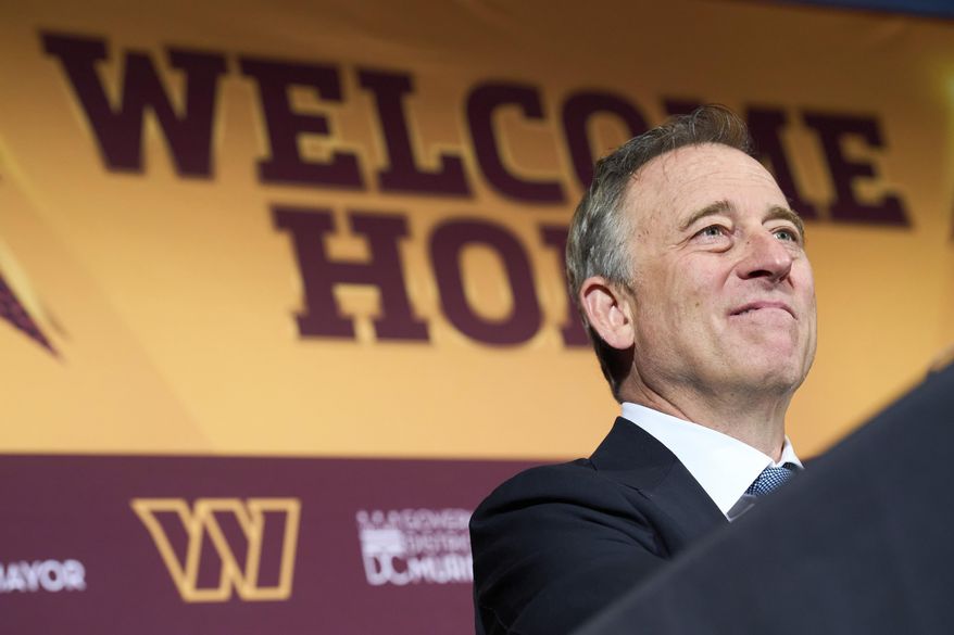 Washington Commanders controlling owner Josh Harris attends an announcement about a new home for the NFL football team on the site of the old RFK Stadium, Monday, April 28, 2025, at the National Press Club in Washington. (AP Photo/Jacquelyn Martin)