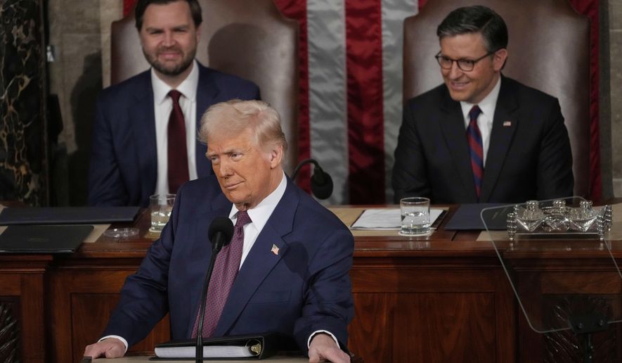 President Donald Trump addresses a joint session of Congress in the House chamber at the U.S. Capitol in Washington, Tuesday, March 4, 2025, as Vice President JD Vance and House Speaker Mike Johnson of La., listen. (AP Photo/Julia Demaree Nikhinson)