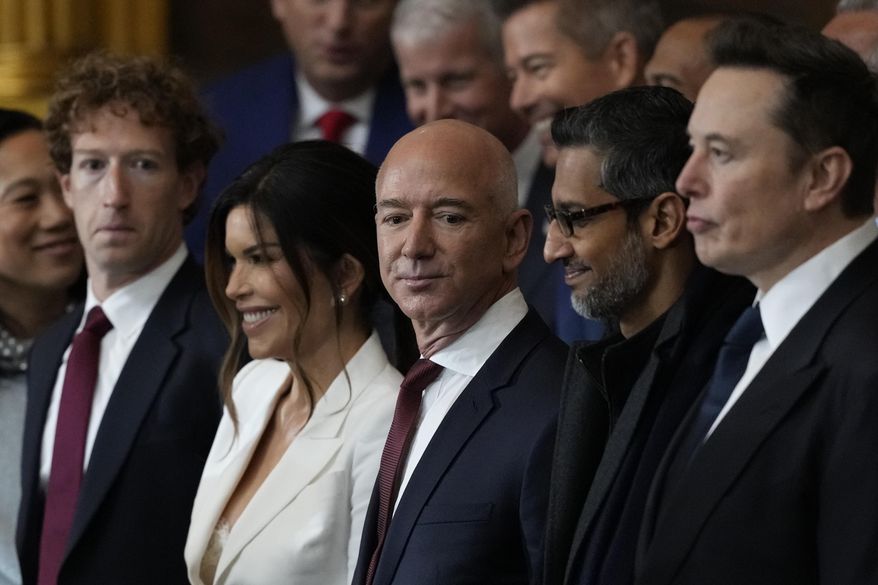Guests including Mark Zuckerberg, Jeff Bezos, Sundar Pichai and Elon Musk, arrive before the 60th Presidential Inauguration in the Rotunda of the U.S. Capitol in Washington, Monday, Jan. 20, 2025. (AP Photo/Julia Demaree Nikhinson, Pool)