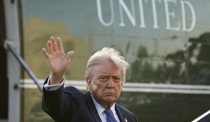 President Donald Trump arrives at Leesburg Executive Airport on Marine One in Leesburg, Va., Thursday, April 24, 2025, en route to Trump National Golf Club Washington DC in Sterling, Va. (AP Photo/Jacquelyn Martin)