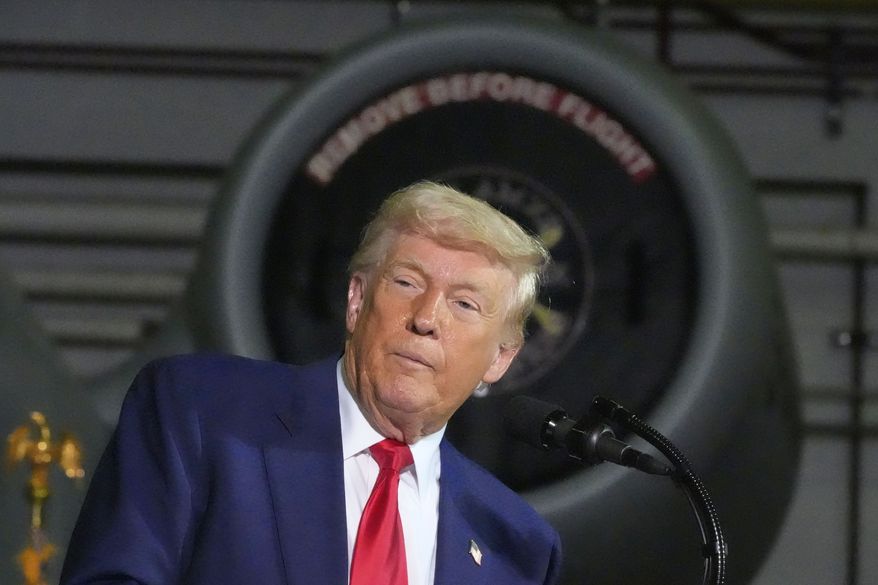 President Donald Trump speaks to members of the Michigan National Guard at Selfridge Air National Guard Base, Tuesday, April 29, 2025, in Harrison Township, Mich. (AP Photo/Alex Brandon)