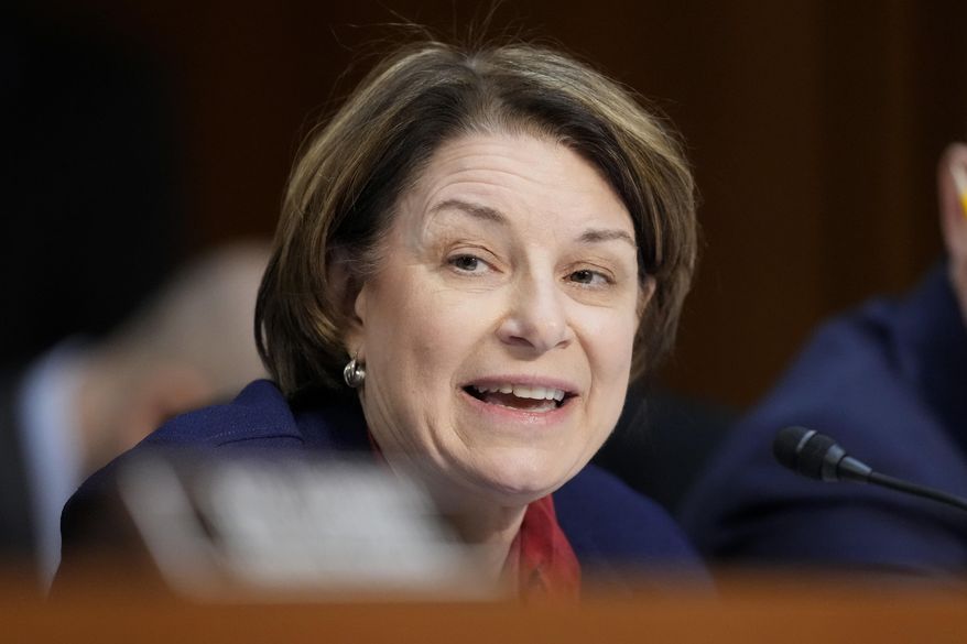 Sen. Amy Klobuchar, D-Minn., speaks during a confirmation hearing before the Senate Judiciary Committee for Kash Patel, President Donald Trump's choice to be director of the FBI, at the Capitol in Washington, Jan. 30, 2025. (AP Photo/Ben Curtis, File)