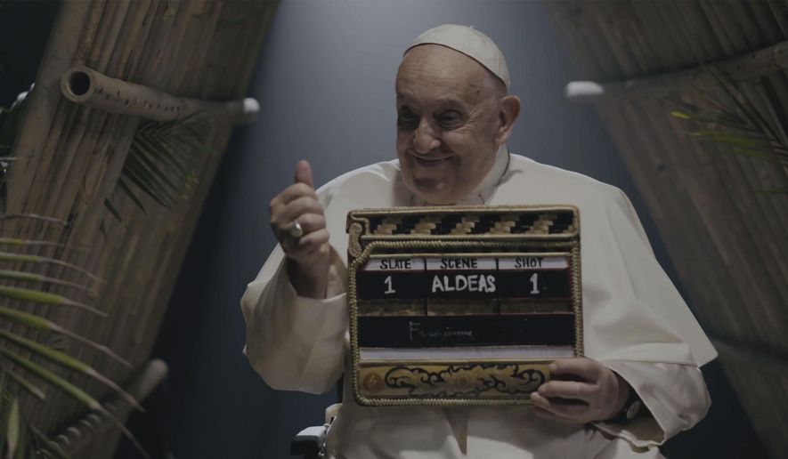 This image released by Aldeas Scholas Films shows Pope Francis. "Aldeas–A New Story" is a new feature-length documentary and global cultural project developed by Scholas Occurrentes, the global educational movement founded by Pope Francis, in collaboration with Academy Award-winning director Martin Scorsese. (Aldeas Scholas Films via AP)