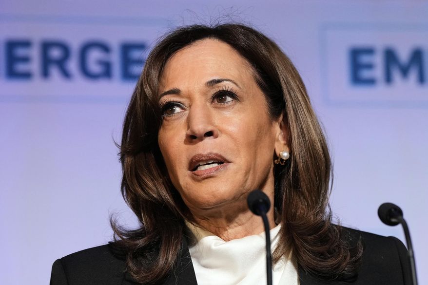 Former Vice President Kamala Harris delivers the keynote speech at the Emerge 20th Anniversary Gala in San Francisco, Wednesday, April 30, 2025. (AP Photo/Godofredo A. Vásquez)