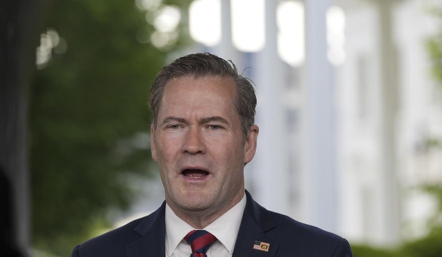 National Security Advisor Mike Waltz speaks during a television interview at the White House, Thursday, May 1, 2025, in Washington. (AP Photo/Alex Brandon)