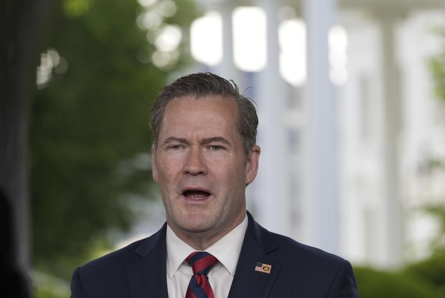National Security Advisor Mike Waltz speaks during a television interview at the White House, Thursday, May 1, 2025, in Washington. (AP Photo/Alex Brandon)