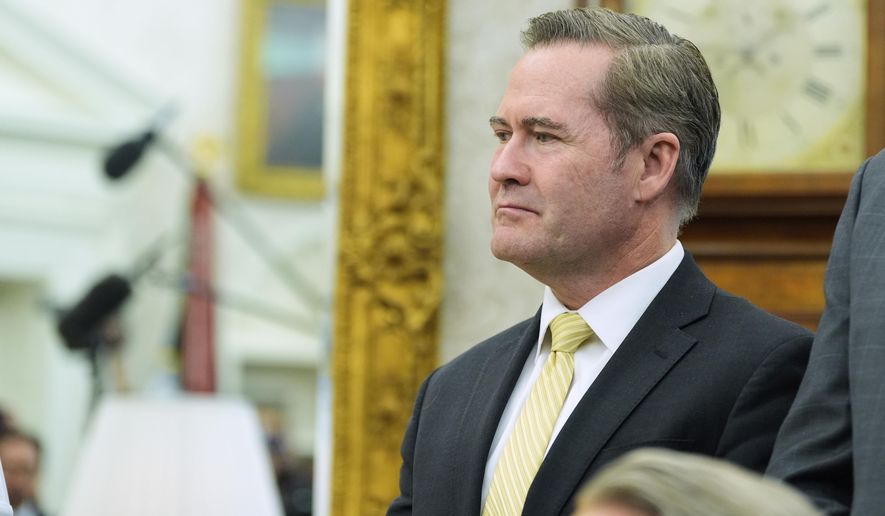 White House national security adviser Mike Waltz listens as President Donald Trump meets with Italy's Prime Minister Giorgia Meloni in the Oval Office of the White House, Thursday, April 17, 2025, in Washington. (AP Photo/Alex Brandon)