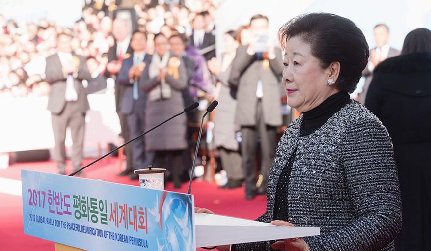 Dr. Hak Ja Han Moon, who founded The Washington Times alongside her husband, the late Rev. Sun Myung, delivered the keynote address at the Global Rally for the Reunification of Korea at Seoul’s World Cup Stadium. (PHOTO CREDIT: HSA-UWC) (sponsored)