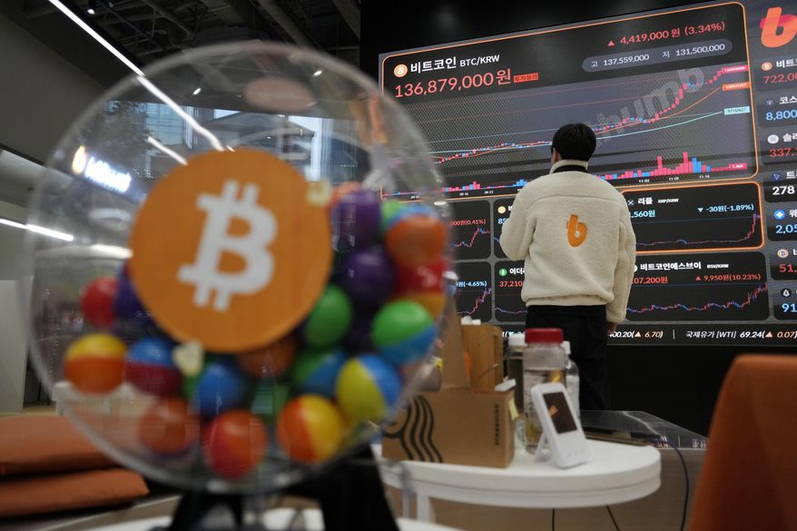 FILE - An employee watches an electronic signboard displaying the prices of Bitcoin and other cryptocurrencies at the lounge of Bithumb cryptocurrency exchange in Seoul, South Korea, Nov. 21, 2024. (AP Photo/Ahn Young-joon, File)