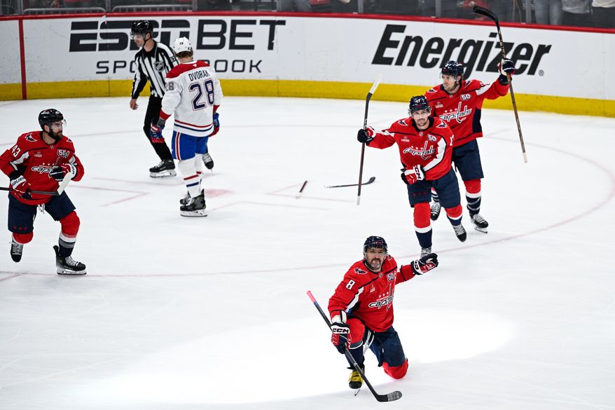 Washington Capitals left wing Alex Ovechkin (8) celebrates his fourth goal of the postseason during the first period against the Montreal Canadiens at Capital One Arena, Washington, D.C., April 30, 2025. (Photo by Brian Murphy for the Washington Times)