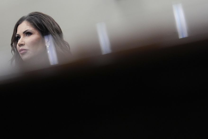 Homeland Security Secretary Kristi Noem listens to members speak during a House Appropriations Subcommittee on Homeland Security oversight hearing, Tuesday, May 6, 2025, on Capitol Hill in Washington. (AP Photo/Julia Demaree Nikhinson)