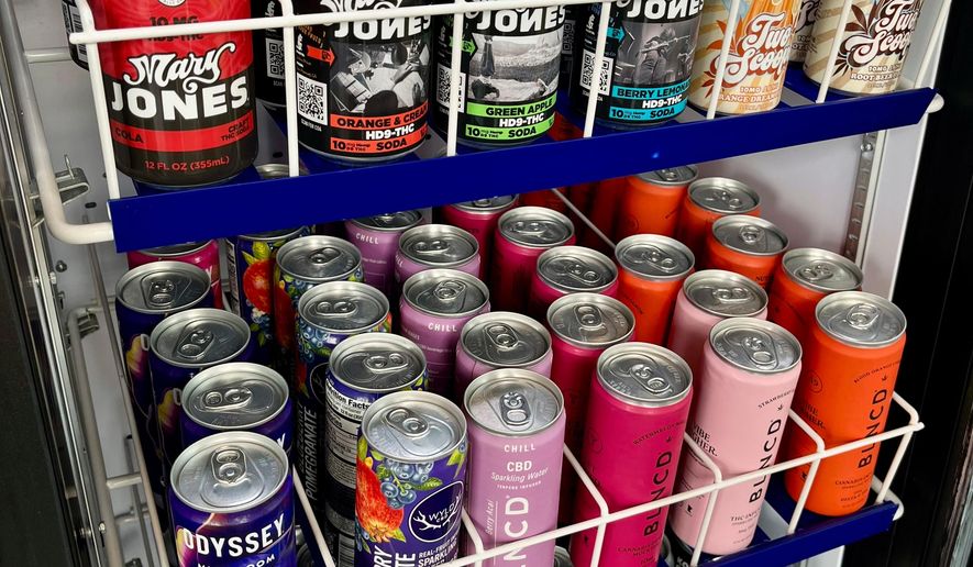 A selection of beverages containing hemp-based THC is on display at Kind Life Dispensary in Lincoln, Neb. on May 1, 2025. (AP Photo/Margery Beck)