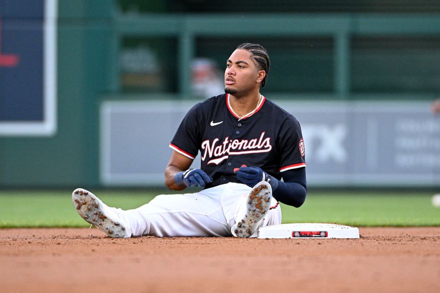 Washington Nationals designated hitter James Wood (29) at second base after getting thrown out trying to stretch a single into a double during the first inning of the second game of a doubleheader against the Cleveland Guardians at Nationals Park in Washington D.C., May 6, 2025. (Photo by All-Pro Reels for Washington Times Sports)