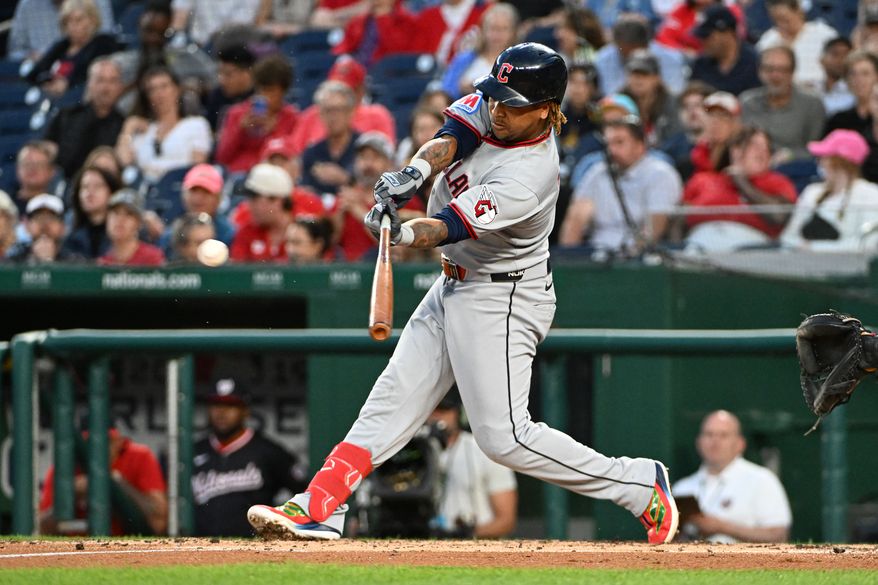 Cleveland Guardians third baseman Jose Ramirez (11) hitting a double during the fourth inning of the second game of a doubleheader against the Washington Nationals at Nationals Park in Washington D.C., May 6, 2025. (Photo by All-Pro Reels for Washington Times Sports)