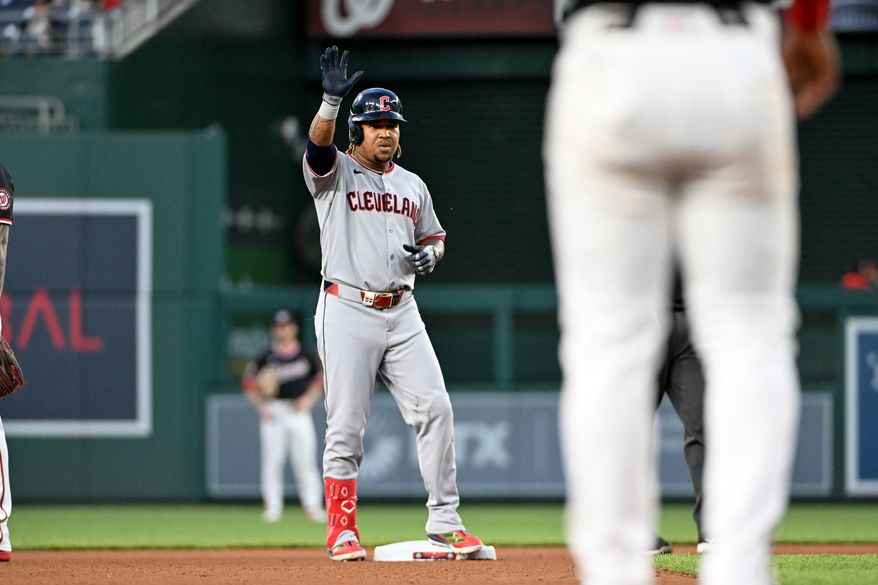 Cleveland Guardians third baseman Jose Ramirez (11) on second base after hitting a double during the fourth inning of the second game of a doubleheader against the Washington Nationals at Nationals Park in Washington D.C., May 6, 2025. (Photo by All-Pro Reels for Washington Times Sports)