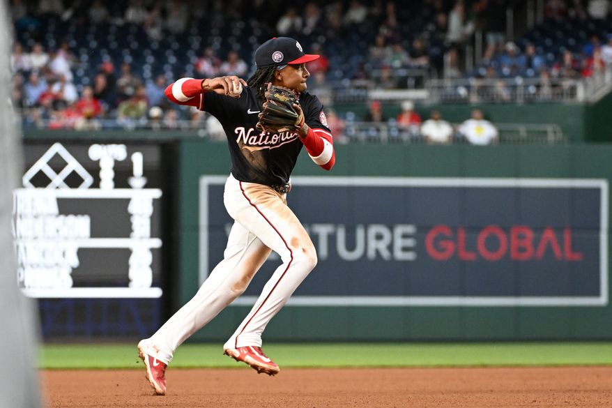 Washington Nationals shortstop C.J. Abrams (5) making the throw to first after fielding a ground ball during the fourth inning of the second game of a doubleheader against the Cleveland Guardians at Nationals Park in Washington D.C., May 6, 2025. (Photo by All-Pro Reels for Washington Times Sports)