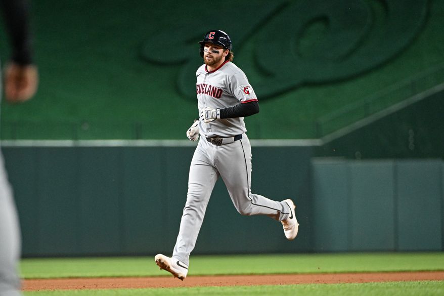 Cleveland Guardians second baseman Daniel Schneemann (10) rounding the bases after hitting a homerun during the eighth inning of the second game of a doubleheader against the Washington Nationals at Nationals Park in Washington D.C., May 6, 2025. (Photo by All-Pro Reels for Washington Times Sports)