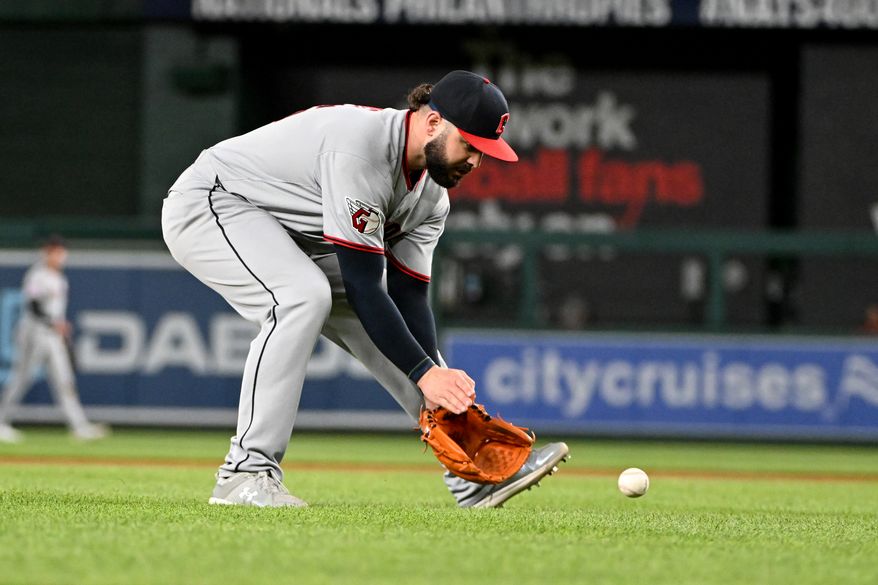 Cleveland Guardians relief pitcher Jake Junis (16) fielding a ground ball off the bat of Washington Nationals catcher Riley Adams (15) during the eighth inning of the second game of a doubleheader at Nationals Park in Washington D.C., May 6, 2025. (Photo by All-Pro Reels for Washington Times Sports)