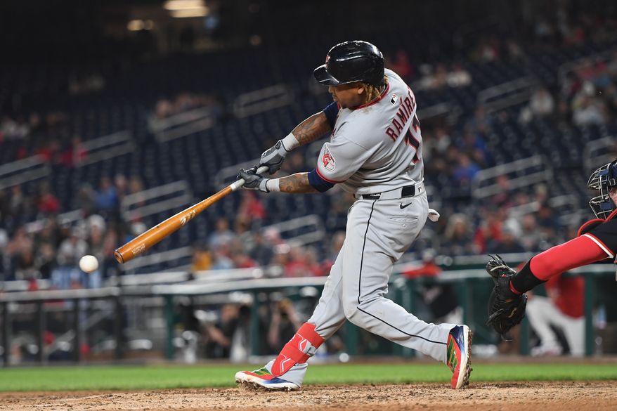 Cleveland Guardians third baseman Jose Ramirez (11) hitting a double during the ninth inning of the second game of a doubleheader against the Washington Nationals at Nationals Park in Washington D.C., May 6, 2025. (Photo by All-Pro Reels for Washington Times Sports)