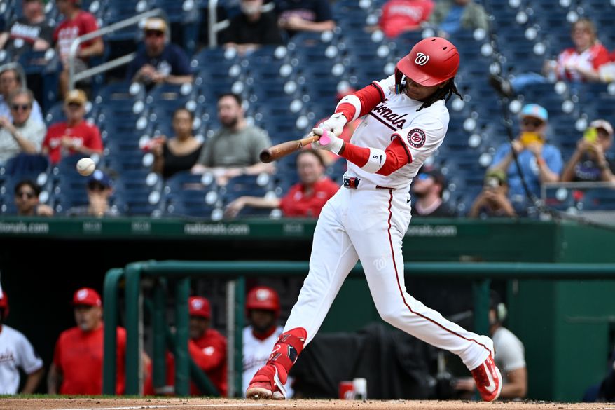 Washington Nationals shortstop C.J. Abrams (5) taking a swing during the first inning of the first game of a doubleheader against the Cleveland Guardians at Nationals Park in Washington D.C., May 6, 2025. Abrams reached base on a throwing error by Indians shortstop Gabriel Arias (13). (Photo by All-Pro Reels for Washington Times Sports)