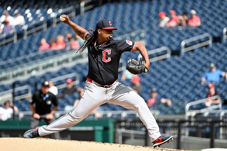 Cleveland Guardians starting pitcher Luis Ortiz (45) throwing a pitch during the first inning of the first game of a doubleheader against the Cleveland Guardians at Nationals Park in Washington D.C., May 6, 2025. (Photo by All-Pro Reels for Washington Times Sports)