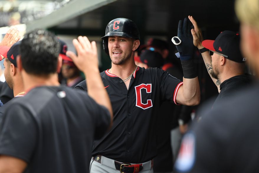 Cleveland Guardians right fielder Nolan Jones (22) in the dugout after hitting a home run during the second inning of the first game of a doubleheader against the Washington Nationals at Nationals Park in Washington D.C., May 6, 2025. (Photo by All-Pro Reels for Washington Times Sports)