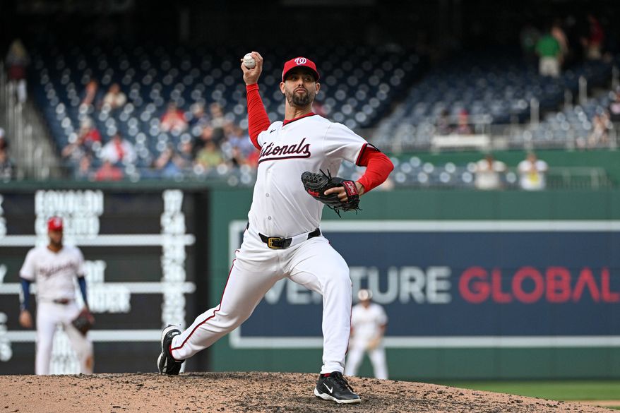 Washington Nationals relief pitcher Jorge Lopez (21) throwing a pitch during the seventh inning of the first game of a doubleheader against the Cleveland Guardians at Nationals Park in Washington D.C., May 6, 2025. (Photo by All-Pro Reels for Washington Times Sports)