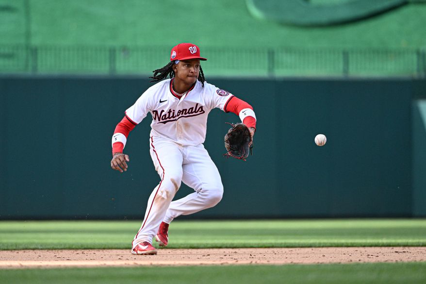 Washington Nationals shortstop C.J. Abrams (5) fielding a ground ball during the eighth inning of the first game of a doubleheader against the Cleveland Guardians at Nationals Park in Washington D.C., May 6, 2025. (Photo by All-Pro Reels for Washington Times Sports)