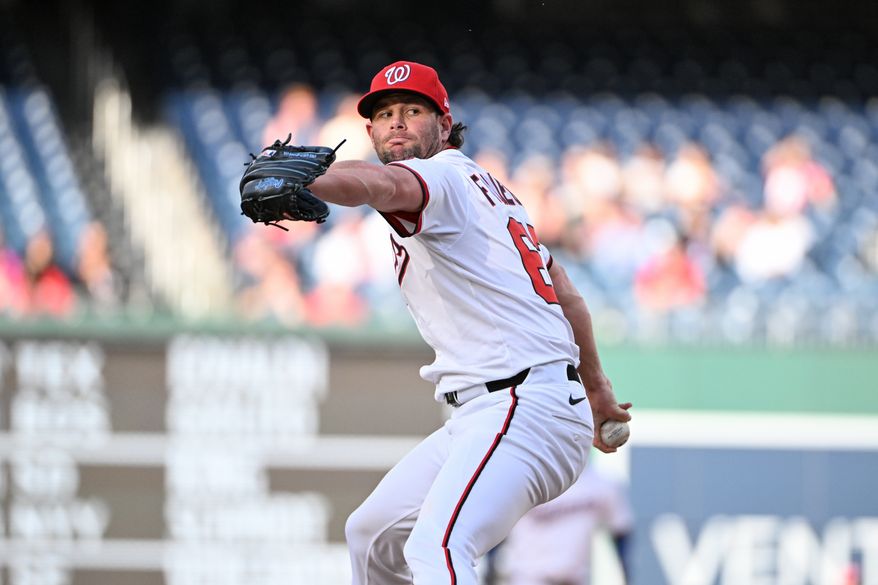 Washington Nationals relief pitcher Kyle Finnegan (67) throwing a pitch during the ninth inning of the first game of a doubleheader against the Cleveland Guardians at Nationals Park in Washington D.C., May 6, 2025. (Photo by All-Pro Reels for Washington Times Sports)
