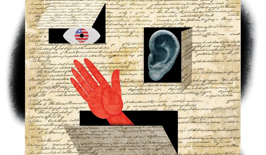 U.S. Constitution and domestic spying illustration by Alexander Hunter/The Washington Times